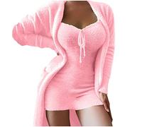 Pigiama da donna morbido e caldo: vestito da casa da donna, set da 2 pezzi, con spalline sottili, abito da babydoll con coulisse, abito da notte e accappatoio in pile, biancheria da letto in due pezzi