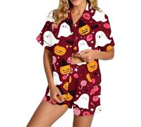 Pigiama da donna, motivo Halloween, per il tempo libero, due pezzi, a maniche corte, con colletto a risvolto, pigiama e pantaloncini a gamba larga, 2 pezzi, comodo, morbido, traspirante, W vinaccia, L