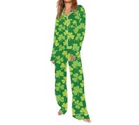 Pigiama da donna, motivo quadrifoglio a maniche lunghe, due pezzi | Morbido set da notte, con trifoglio portafortuna irlandese, scollo a V, camicie e pantaloni da notte