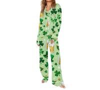 Pigiama da donna, motivo quadrifoglio a maniche lunghe, due pezzi | Morbido set da notte, con trifoglio portafortuna irlandese, scollo a V, camicie e pantaloni da notte