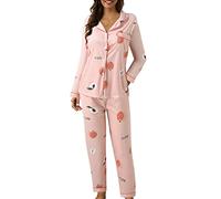 Pigiama da donna per dormire e loungewear, pigiama con risvolto, per donna, casual, a maniche lunghe, pantaloni morbidi, biancheria da notte per la primavera e l'inverno, per il tempo libero, rosa