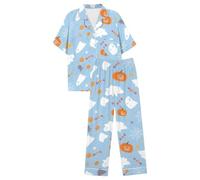 Pigiama da donna per Halloween, completo con bottoni, blu cielo | Set da notte per le vacanze di Halloween, pigiama con stampa completa, pigiama morbido e traspirante, con scollo a V