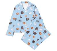 Pigiama da donna per Halloween, con bottoni, blu cielo | Costume di Halloween da donna, set pigiama a maniche lunghe con top e pantaloni, carino stampa con bottoni, per festival