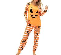Pigiama da donna per Halloween con stampa fantasma zucca camicie a maniche lunghe top con pantaloni 2 pezzi pigiama loungewear stagione spettrale indumenti da notte, Una faccia arancione, L