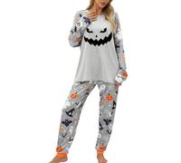 Pigiama da donna per Halloween con stampa fantasma zucca camicie a maniche lunghe top con pantaloni 2 pezzi pigiama loungewear stagione spettrale indumenti da notte, Una faccia grigia, S