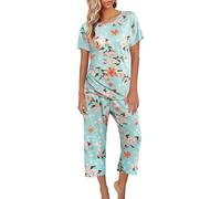 Pigiama da donna, pigiama a maniche corte, stampa a collo rotondo, da donna, estivo, in cotone, set di pigiami corti, abbigliamento da notte, 2 pezzi, con maglietta e pantaloni Capri, verde, XXL