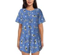 Pigiama da donna - Pigiama comodo a maniche corte da donna - Disegno ape e libellula blu, nero/bianco, 3XL