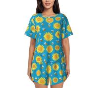 Pigiama da donna - Pigiama comodo a maniche corte da donna, motivo ape e girasole, nero/bianco, L