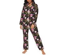 Pigiama da donna - Pigiama da notte rosa con motivo a teschio e margherita - Pigiama da donna con tasche, nero/bianco, XXL