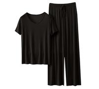 Pigiama da donna Plus Size Manica Corta Girocollo e Pantaloni a Gamba Larga Leggero Morbido Accogliente Loungewear Pjs Set Donna Tinta Unita Due Pezzi Pj Set Pigiama Da Notte Per Le Donne Indumenti Da