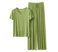 Pigiama da donna Plus Size Manica Corta Girocollo e Pantaloni a Gamba Larga Leggero Morbido Accogliente Loungewear Pjs Set Donna Tinta Unita Due Pezzi Pj Set Pigiama Da Notte Per Le Donne Indumenti Da