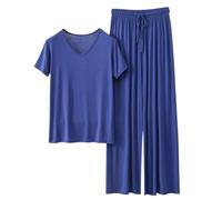 Pigiama da donna Plus Size Manica Corta Girocollo e Pantaloni a Gamba Larga Leggero Morbido Accogliente Loungewear Pjs Set Donna Tinta Unita Due Pezzi Pj Set Pigiama Da Notte Per Le Donne Indumenti Da