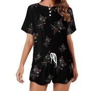 Pigiama da donna Samurai Ninja Cat giapponese Set camicia a maniche corte e pantaloncini 2 pezzi Loungewear indumenti da notte, Stile:, L
