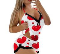 Pigiama da donna, sexy, set di due pezzi, sexy, da donna, con stampa, pantaloncini intimi a schiena scoperta, in pizzo corto