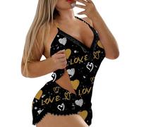 Pigiama da donna, sexy, set di due pezzi, sexy, da donna, con stampa, pantaloncini intimi a schiena scoperta, in pizzo corto