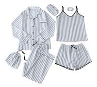 Pigiama da donna taglia 20, da donna, 7 pezzi, a righe, vintage, rughe, abbigliamento per la casa, per tutta la stagione, leggero, con bottoni, pantaloni elasticizzati in vita, abbigliamento da notte