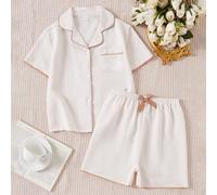 Pigiama da ragazza, cardigan a maniche corte semplice e caldo in puro albicocca con pantaloncini, vita annodata con fiocco di nastro dello stesso colore, set casual e confortevole da 2 pezzi per il re