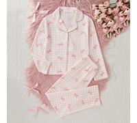 Pigiama da ragazza per la scuola: pantalone lungo con stampa a farfalle e plaid, abbinato a cardigan casual a maniche lunghe, set da 2 pezzi, per ragazze più grandi 8Y,9Y,10Y,11Y,12YGrafico,quadriTess