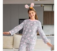 Pigiama da ragazza tween - Confortevole e caldo, set casual da 2 pezzi in pile con motivo a cuori minimalista grigio alla moda, manica lunga e pantaloni, set da abbinare per mamma e figlia (venduti se