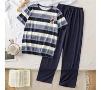 Pigiama da ragazzo adolescente - Set da 2 pezzi per l'estate, composto da una maglietta a maniche corte con scollo tondo e righe blu navy, e pantaloni lunghi con stampa carina, taschino sul petto e vi