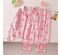 Pigiama da studentessa, pantaloni lunghi e maniche lunghe casual a 2 pezzi, con stampa carina di fiocchi e cuori rosa 8Y,9Y,10Y,11Y,12YTessuto intrecciato