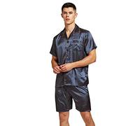 Pigiama da uomo a maniche corte in raso con pantaloncini, Blu dorato., XXL