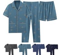 Pigiama da uomo a maniche corte, T-shirt e pantaloni lunghi in cotone, camicia con bottoni, pantaloni e pantaloncini, 3 pezzi, leggero, traspirante, set pigiama casual e comodo, top e pantaloncini da