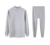 Pigiama da uomo, caldo, set da 2 pezzi, morbido, in tinta unita, con colletto alto, biancheria intima termica e pantaloni da sonno, set da notte da uomo, grigio., M