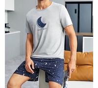 Pigiama da uomo composto da t-shirt con grafica della luna e slogan e pantaloncini con stampa galassia L,M,XL,XXLGeometrico,sloganTessuto in maglia
