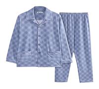 Pigiama da uomo in cotone con bottoni verso il basso, set pigiama da uomo in tessuto a quadri, con scollo a V, a maniche lunghe, cardigan con bottoni e pantaloni larghi larghi vestibilità classica