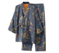 Pigiama da uomo in flanella, stile kimono giapponese, per la primavera e il tempo libero, jacquard con cravatta allentata, grigio, S