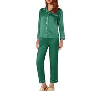 Pigiama da uomo in raso, da donna, con bottoni, in raso di seta, per la casa, in due pezzi, per il pigiama e per il sonno, comodo, casual, da notte, verde, L
