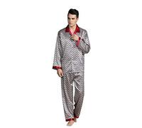 Pigiama da uomo in raso, set da casa da uomo, 2 pezzi, morbido, pigiama a quadri, camicia da notte stampata con risvolto e pantaloni, comodo, vintage, pigiameria leggera, grigio., XL