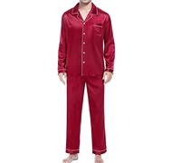 Pigiama da uomo in seta, 2 pezzi, pigiama da uomo in raso alla moda con camicia a maniche lunghe abbottonata e pantaloni lunghi, comodo abbigliamento da notte con tasca, comodi abiti, Rosa acceso, XL