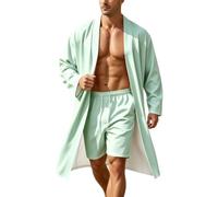 Pigiama da uomo leggero per il tempo libero, cardigan lungo, giacca a vento, due pezzi, camicia da notte a maniche lunghe e pantaloncini a gamba larga, 2 pezzi, comodo, traspirante