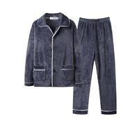 Pigiama da uomo, lungo, caldo, in pile polare, in flanella, soffice, biancheria da notte, 2 pezzi, in pile, a maniche lunghe, con tasca e pantaloni per il sonno, comodi e morbidi come la seta, O blu