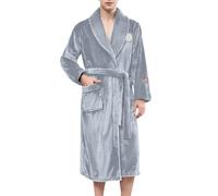 Pigiama da uomo lungo con colletto alto, con cintura, accappatoio in tinta unita, con scollo a V, per la casa, per l'inverno, comodo, da viaggio, in peluche, morbido, per la sauna, grigio., M