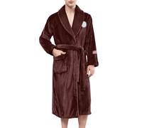 Pigiama da uomo lungo con colletto alto, con cintura, accappatoio in tinta unita, con scollo a V, per la casa, per l'inverno, comodo, da viaggio, in peluche, morbido, per la sauna, marrone, M