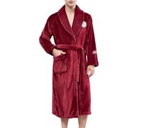 Pigiama da uomo lungo con colletto alto, con cintura, accappatoio in tinta unita, con scollo a V, per la casa, per l'inverno, comodo, da viaggio, in peluche, morbido, per la sauna, Colore: rosso, M