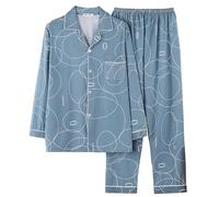 Pigiama da uomo lungo in cotone, a quadretti, set da 2 pezzi, biancheria da notte a righe, con tasch e pantaloni da sonno, oversize, tuta sportiva, O grigio chiaro, L