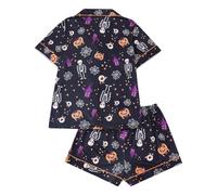 Pigiama decorativo per Halloween, da donna, corto, con stampa a zucca, divertente, set da 2 pezzi, per la casa, da notte, per il sonno, accappatoio in raso, pigiama per Halloween, pigiama, B-nero, S