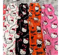 Pigiama di flanella Hello Kitty per cartoni animati di Halloween da donna autunno e inverno più pantaloni graffiti per la casa casual caldi in velluto