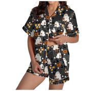 Pigiama di Halloween da donna in raso di seta abbottonata camicia e pantaloncini pigiama set 2 pezzi Loungewear stampa zucca manica corta indumenti da notte per tutti i giorni leggero e traspirante