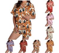 Pigiama di Halloween da donna in raso di seta abbottonata camicia e pantaloncini pigiama set 2 pezzi Loungewear stampa zucca manica corta indumenti da notte per tutti i giorni leggero e traspirante