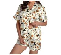 Pigiama di Halloween da donna in raso di seta abbottonata camicia e pantaloncini pigiama set 2 pezzi Loungewear stampa zucca manica corta indumenti da notte per tutti i giorni leggero e traspirante