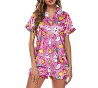Pigiama di Halloween per le donne carino fantasma zucca fantasma stampa festiva Pj set morbido comodo due pezzi set pigiama a maniche corte button down top e pantaloncini vestito da donna loungewear