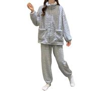 Pigiama Donna Caldo Cotone - Invernale in Morbida Flanella per Un Comodo Termico a Maniche Lunghe con Elegante Motivo Jacquard Comodo da Due Pezzi per Le Notti Fredde