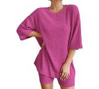Pigiama Donna Caldo Cotone Pantalone Donna Comodo 2 Set Lavorato A Maglia A Coste Abiti Coordinati Maglietta da Motociclista Tute da Notte Pigiama in Cotone Sanitario Hot Pink XL