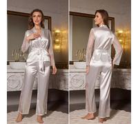 Pigiama Donna Completo Set Pantaloni Maglia Blusa Bianco Raso Satin 33515