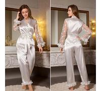 Pigiama Donna Completo Set Pantaloni Maglia Blusa Bianco Raso Satin 33516